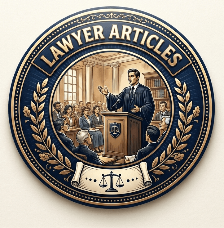 Lawyer Articles badge with attorney presenting to audience