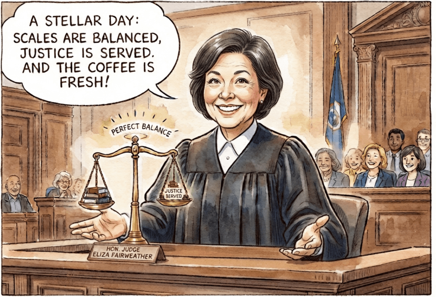 Cartoon of a cheerful, fair judge celebrating a perfectly balanced day in court