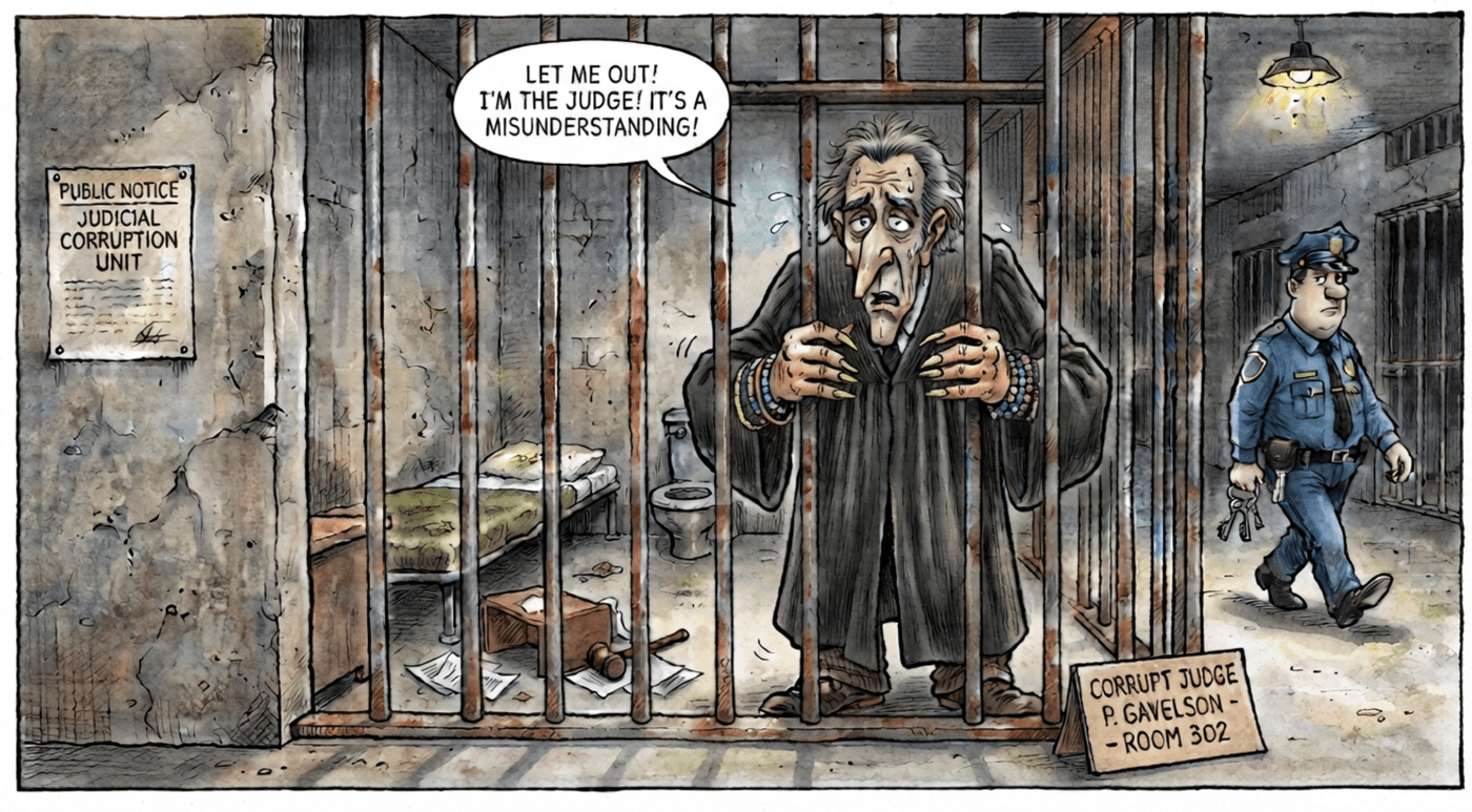 Cartoon of a corrupt judge behind bars, complaining to a passing police officer