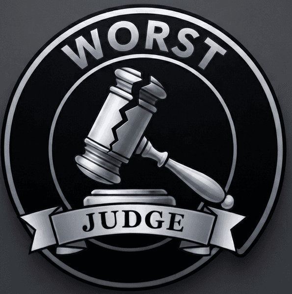 Worst Judge badge with a broken gavel
